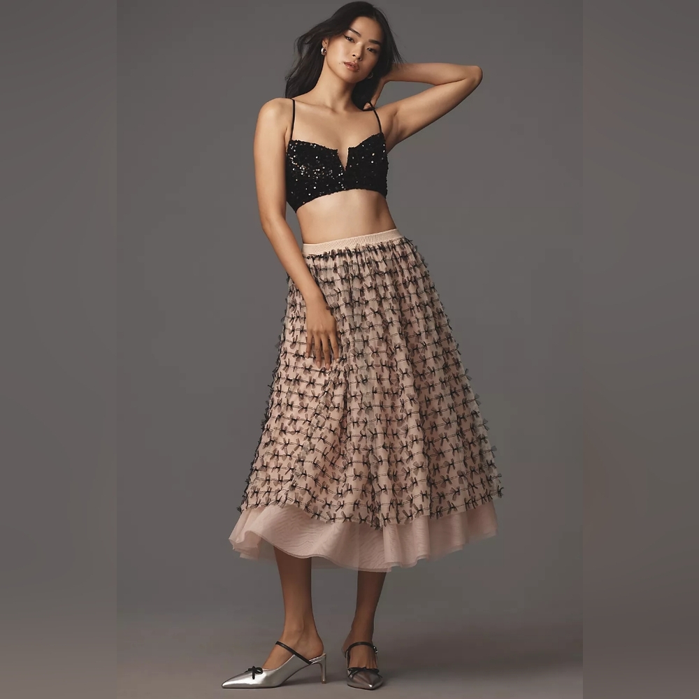 NWT Anthropologie Maeve All-Over Bow Tulle Midi Skirt Size M